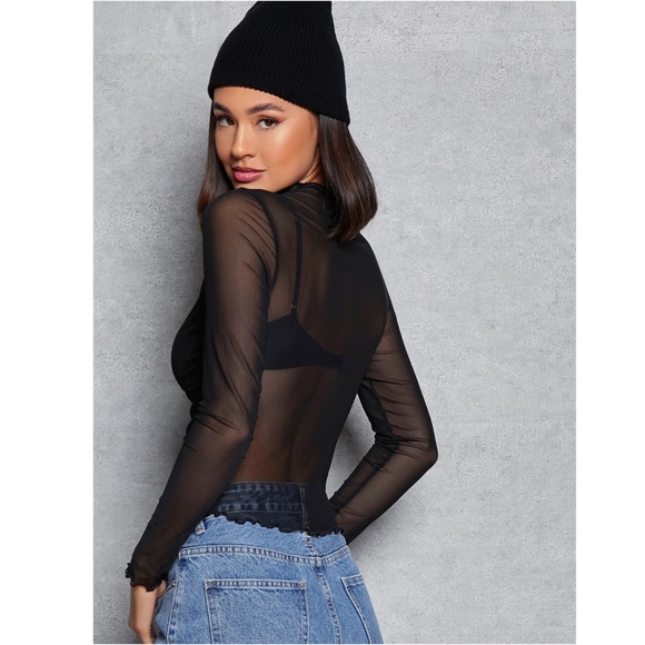 Black Ruched Long Sleeve Sheer Top - Picture 5 of 6